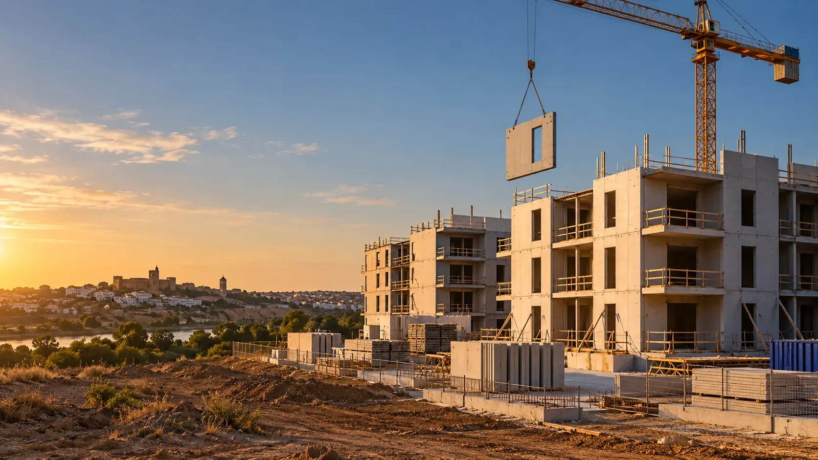 Affordable industrialised housing blocks being assembled with a crane and prefabricated panels in Alcalá de Guadaíra, Seville, Spain