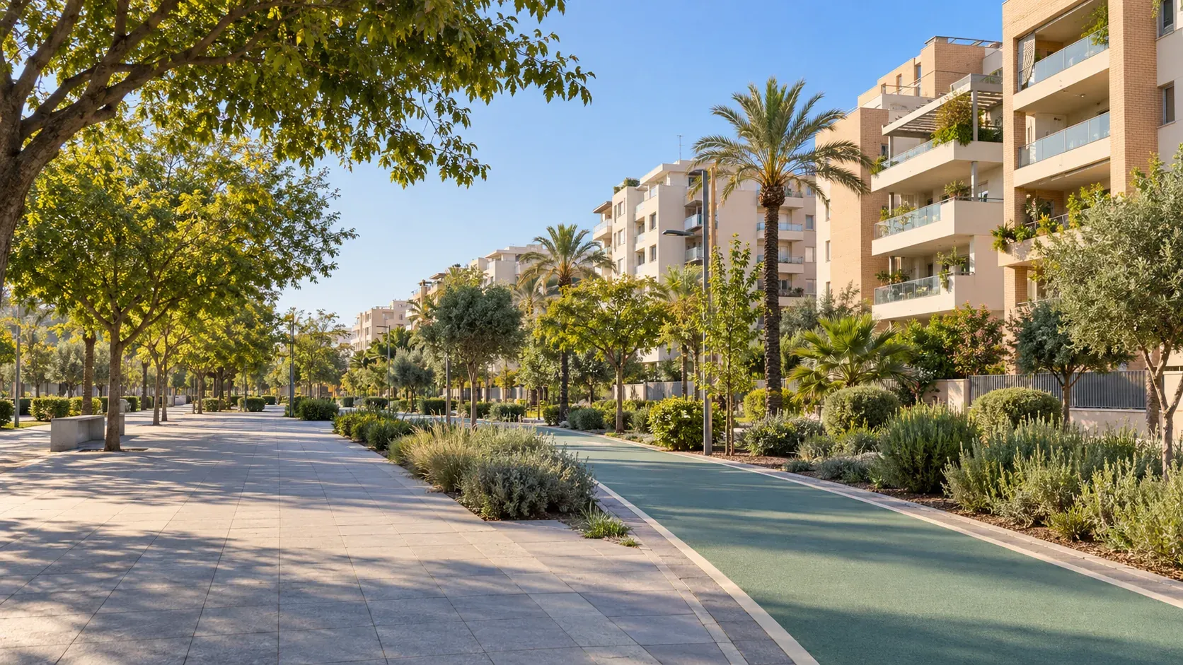 Urbanización residencial moderna de Los Bermejales en Sevilla con piscina y jardines