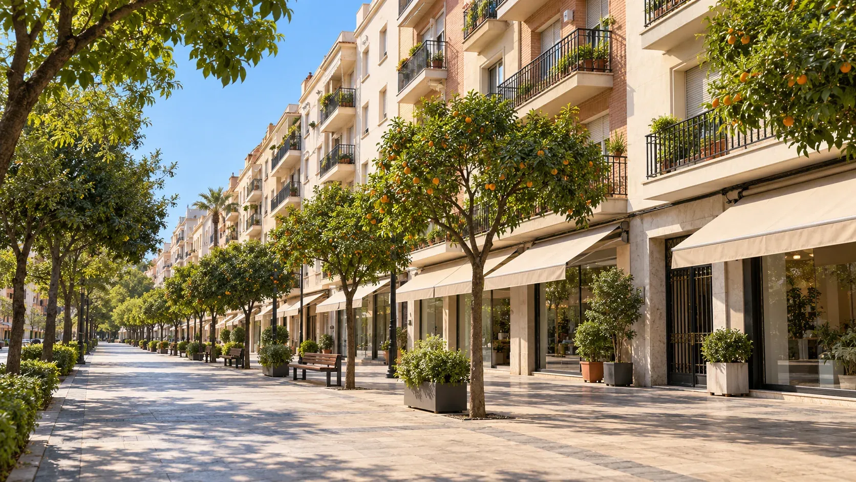 Calle Asunción in Los Remedios, Seville, Spain, with blocks of flats and shops at street level