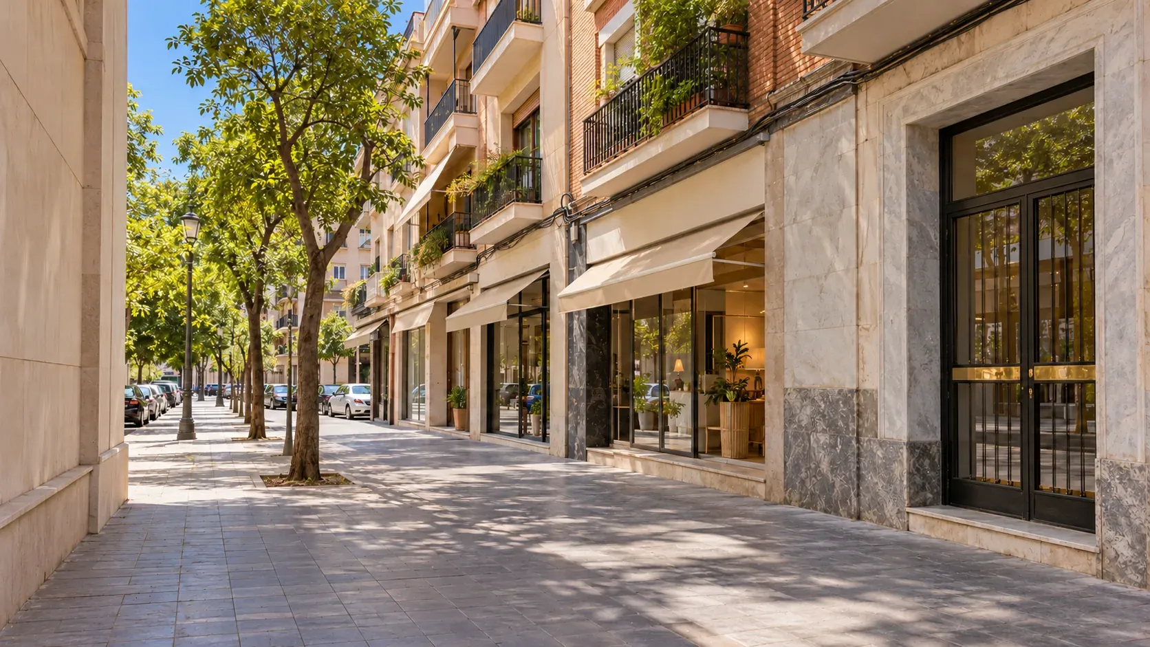 Calle comercial de Nervión con portales de bloques residenciales