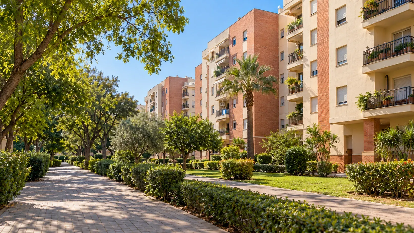 Bloques de viviendas de los años 70 con zonas verdes en Parque Alcosa, Sevilla