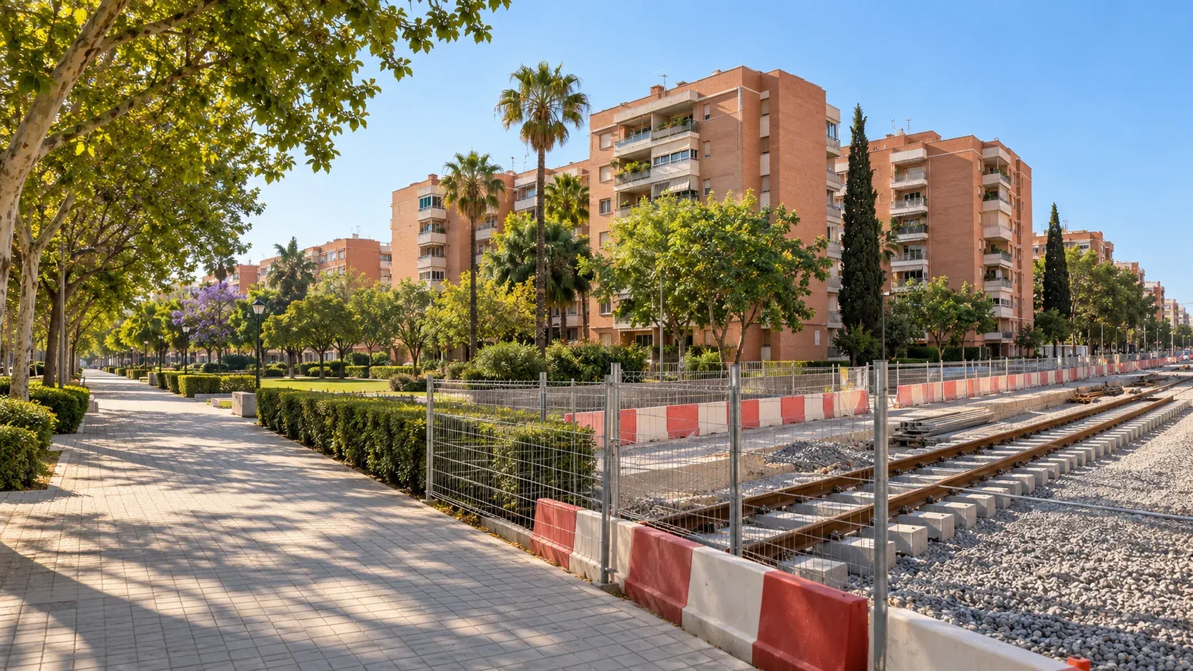 Bloques de ladrillo visto con zonas verdes interiores en el barrio de Pino Montano, Sevilla