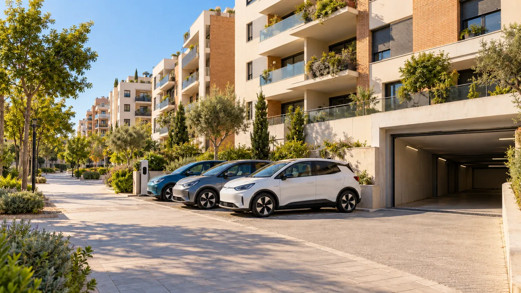 Bloques residenciales con piscina comunitaria y garaje en una avenida de Sevilla Este