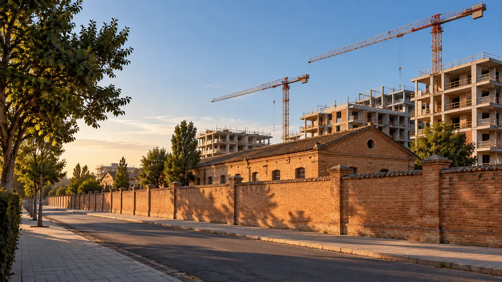 Former artillery barracks with brick walls next to cranes and new blocks in Bellavista, Seville, Spain