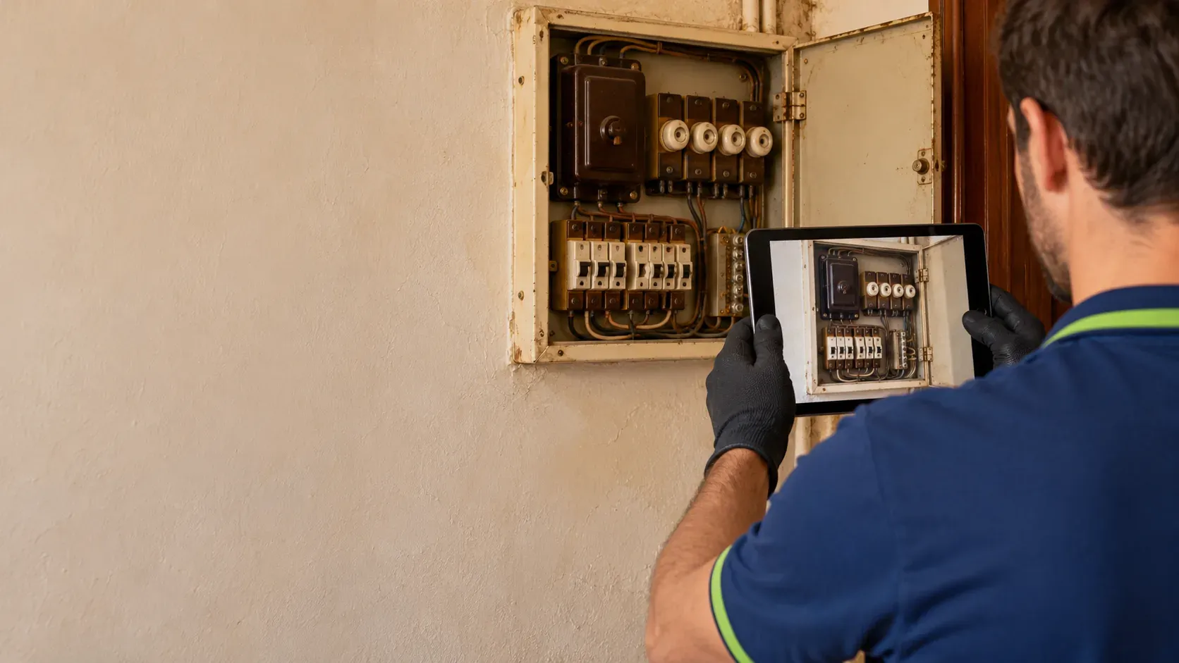 Técnico electricista documentando con una tablet el cuadro eléctrico antiguo de un piso de los años 70 en Sevilla