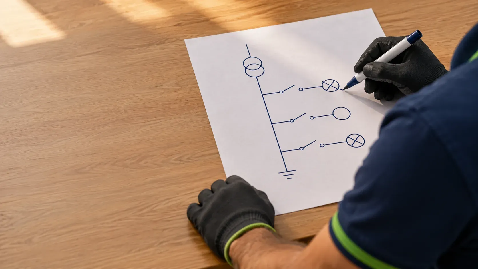 Técnico electricista marcando con rotulador un plano con el esquema unifilar de un cuadro eléctrico