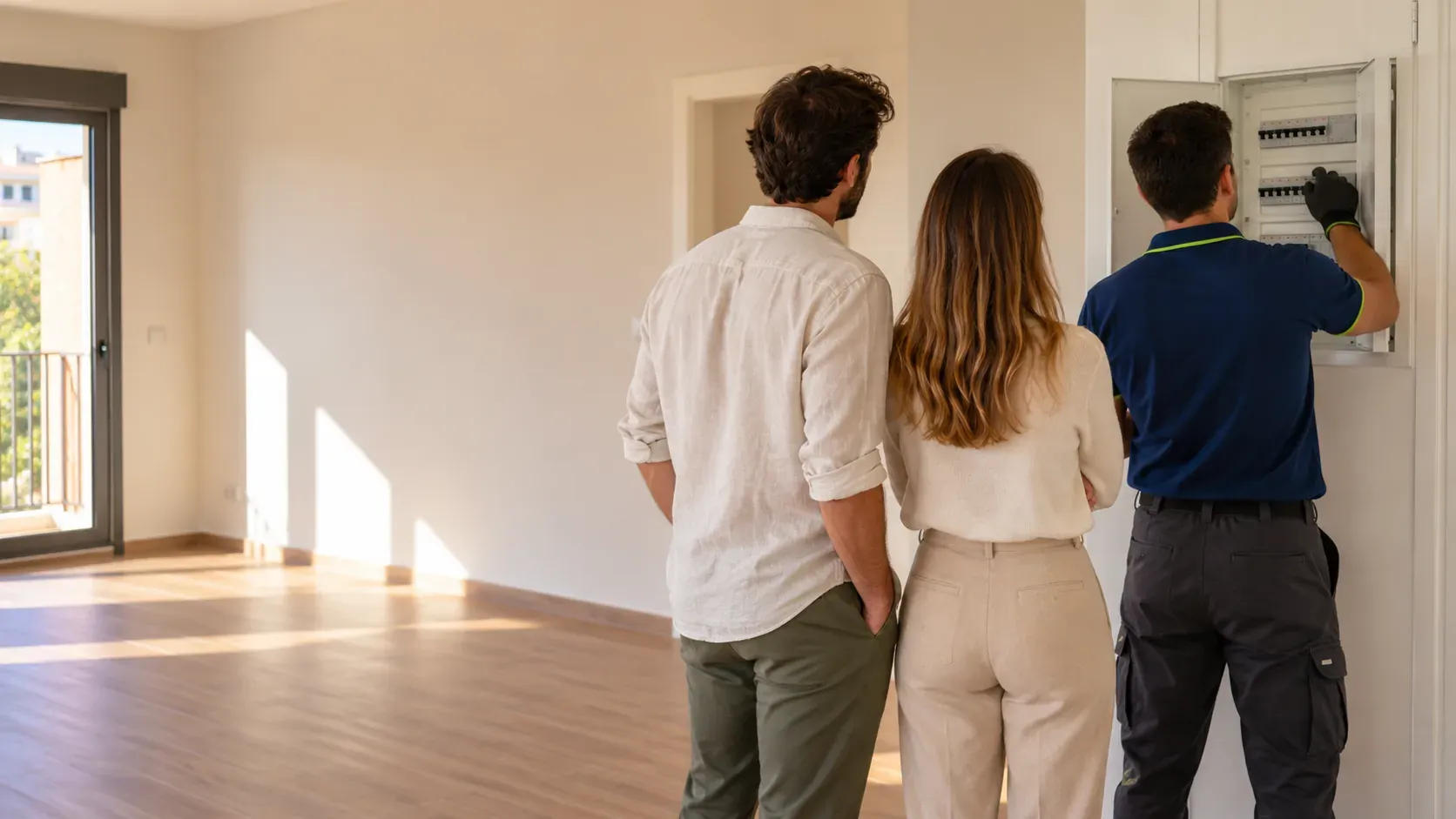 Technician checking the fuse board of an empty flat for sale while a couple watches from behind