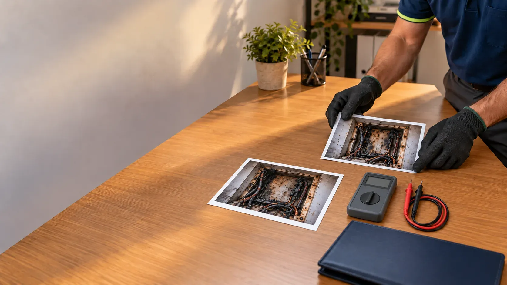 Desk with printed photographs of a burnt fuse board, a test meter and an expert report folder