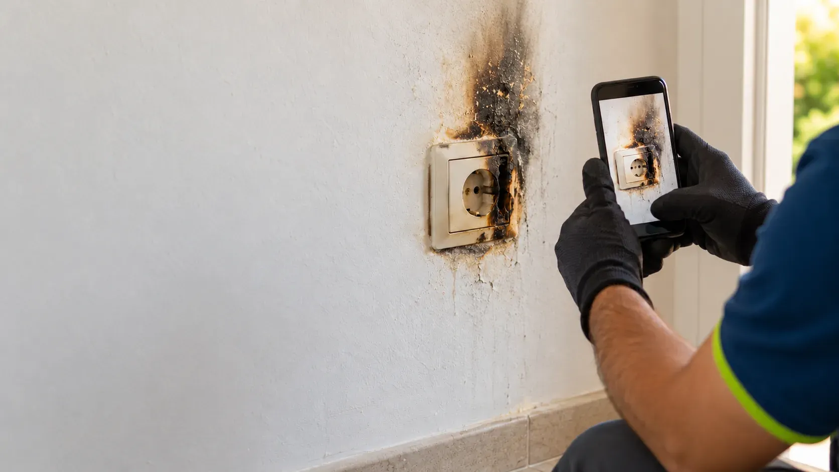 Technician photographing a socket and a wall blackened by a small electrical fire in a home