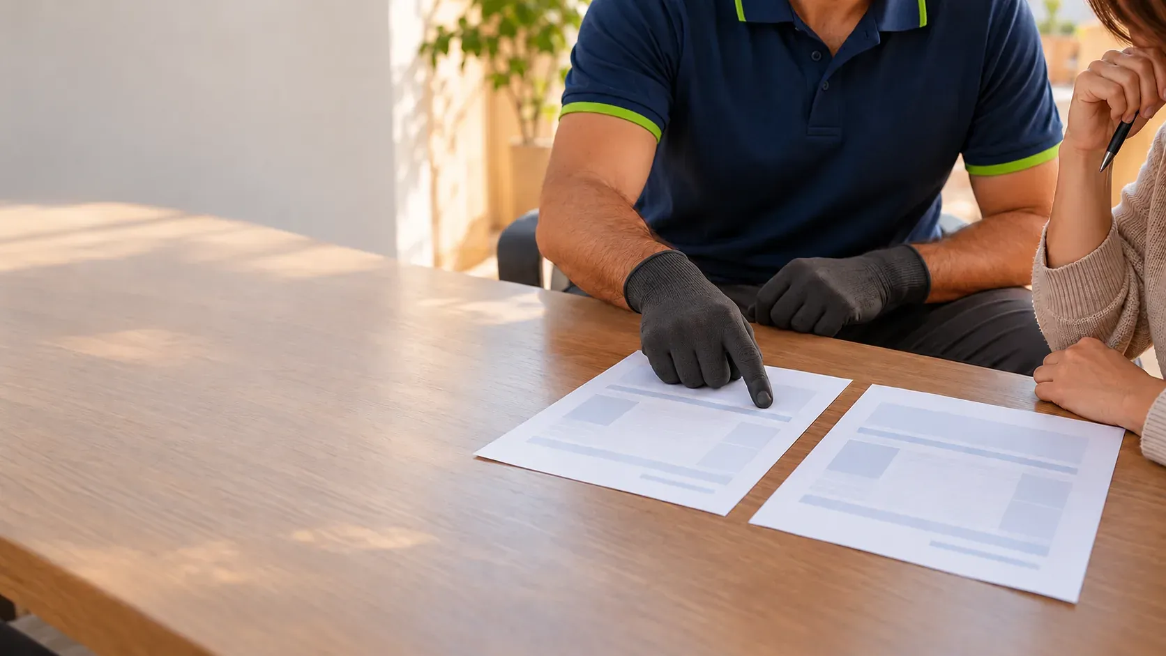 Electrician pointing at one of two paper quotes on a table while explaining it to the client