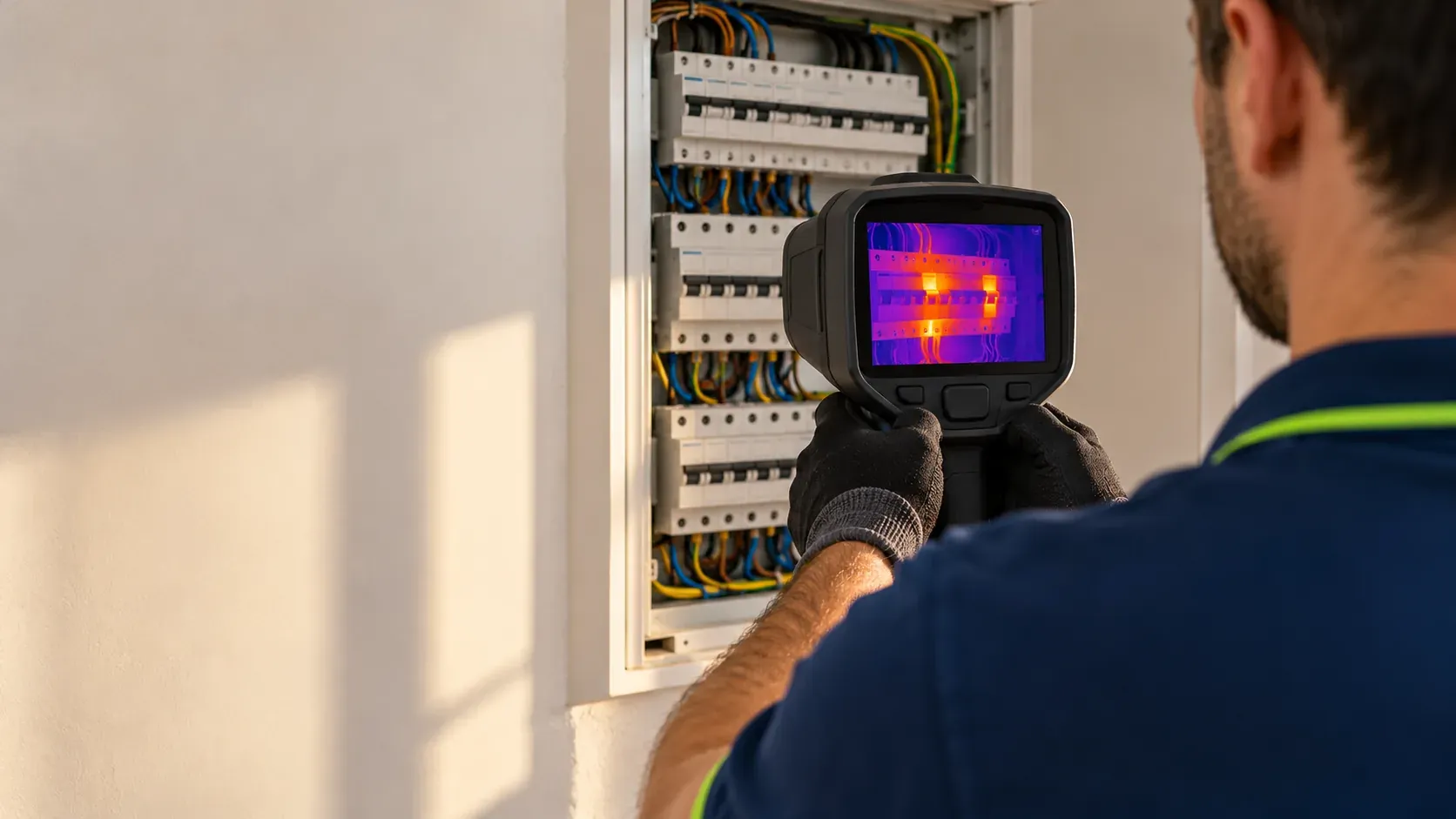 Technician holding a thermal imaging camera in front of an electrical panel showing hot spots in orange