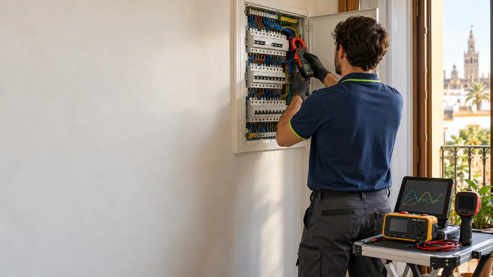 Técnico electricista midiendo con un comprobador de instalaciones junto a un cuadro eléctrico para emitir un certificado en Sevilla