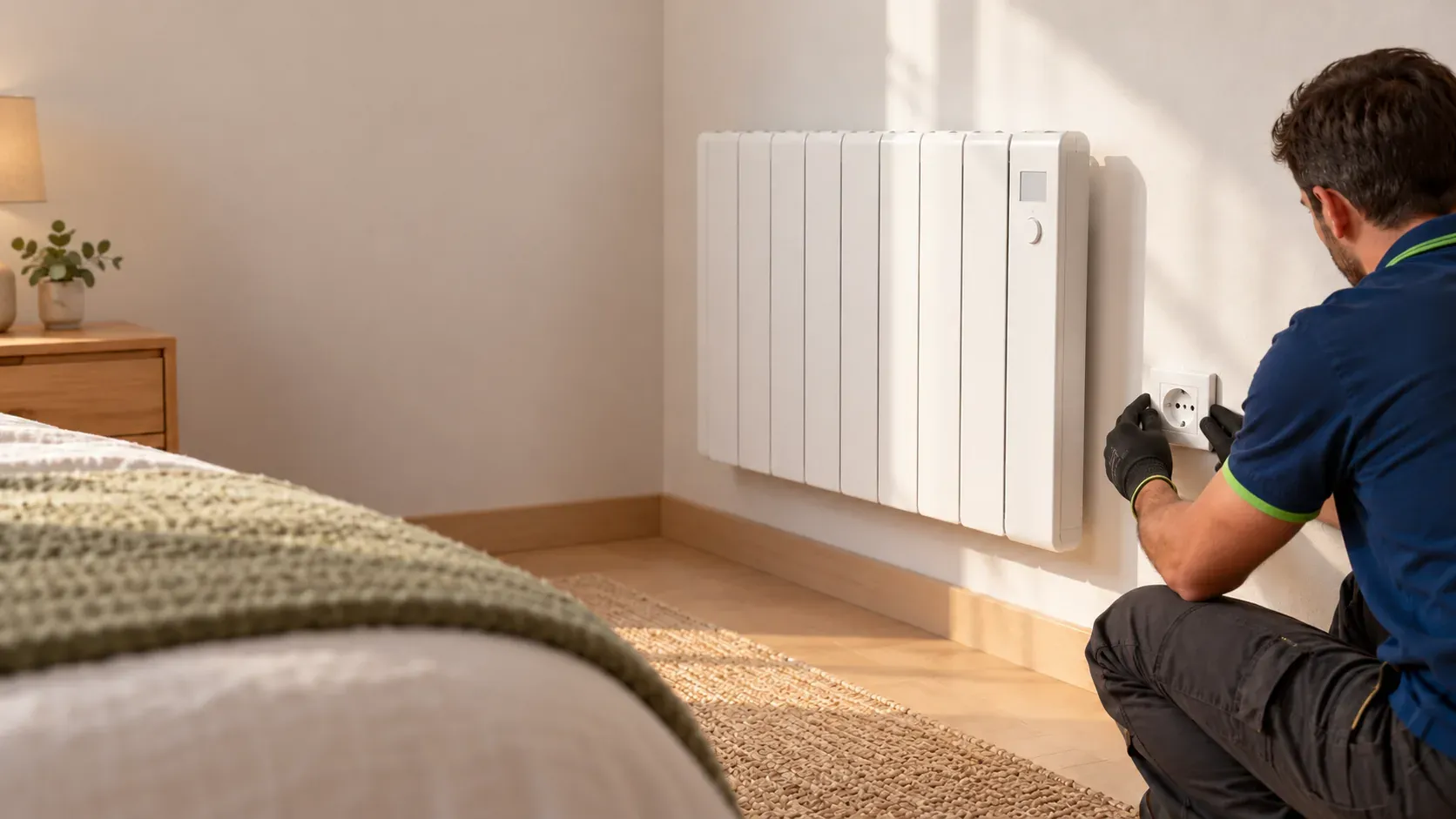 Technician fixing the connection of a wall-mounted electric panel heater in a bedroom