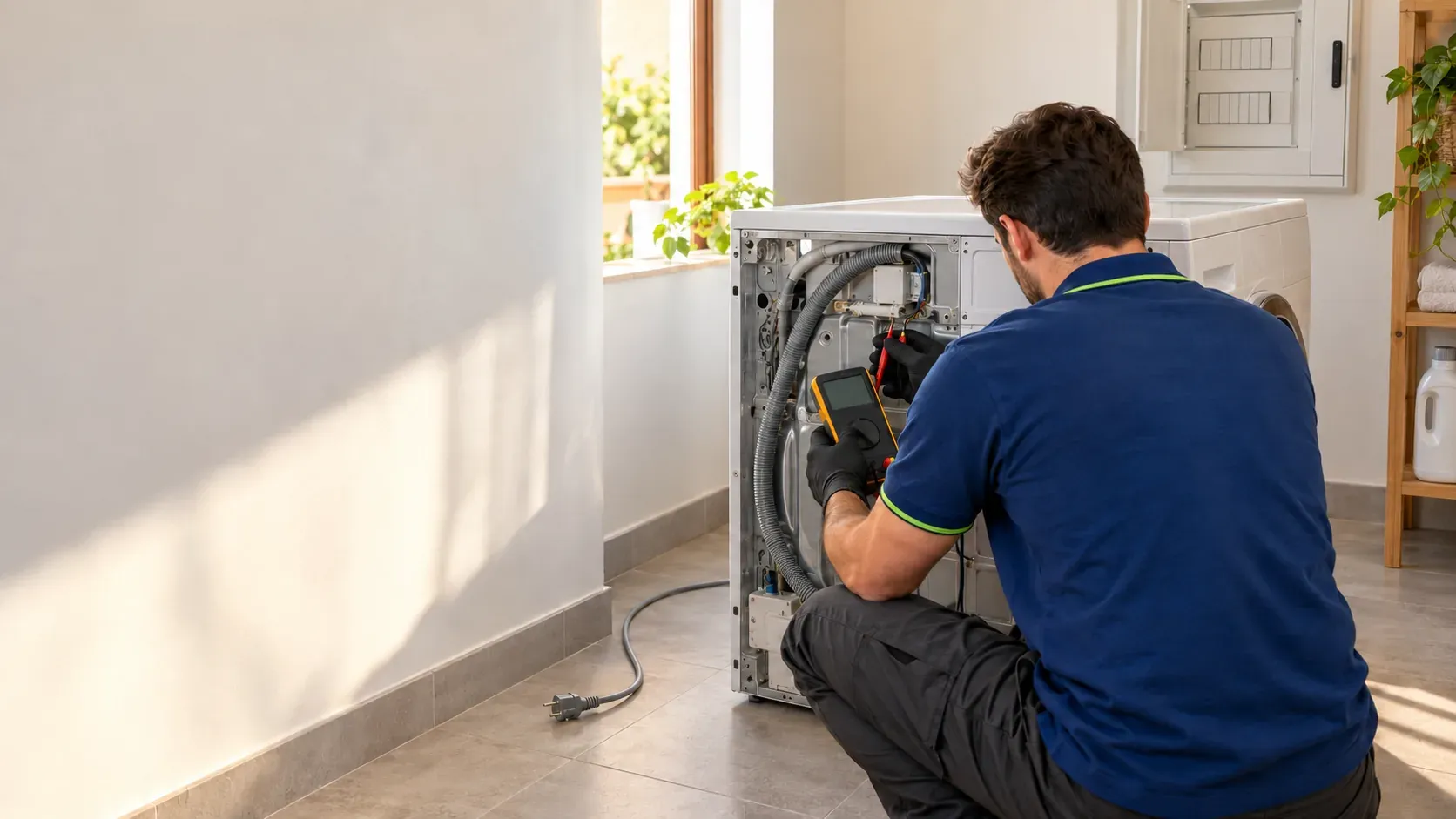 Technician measuring leakage with a tester next to a washing machine pulled away from the wall and the fuse box in the background