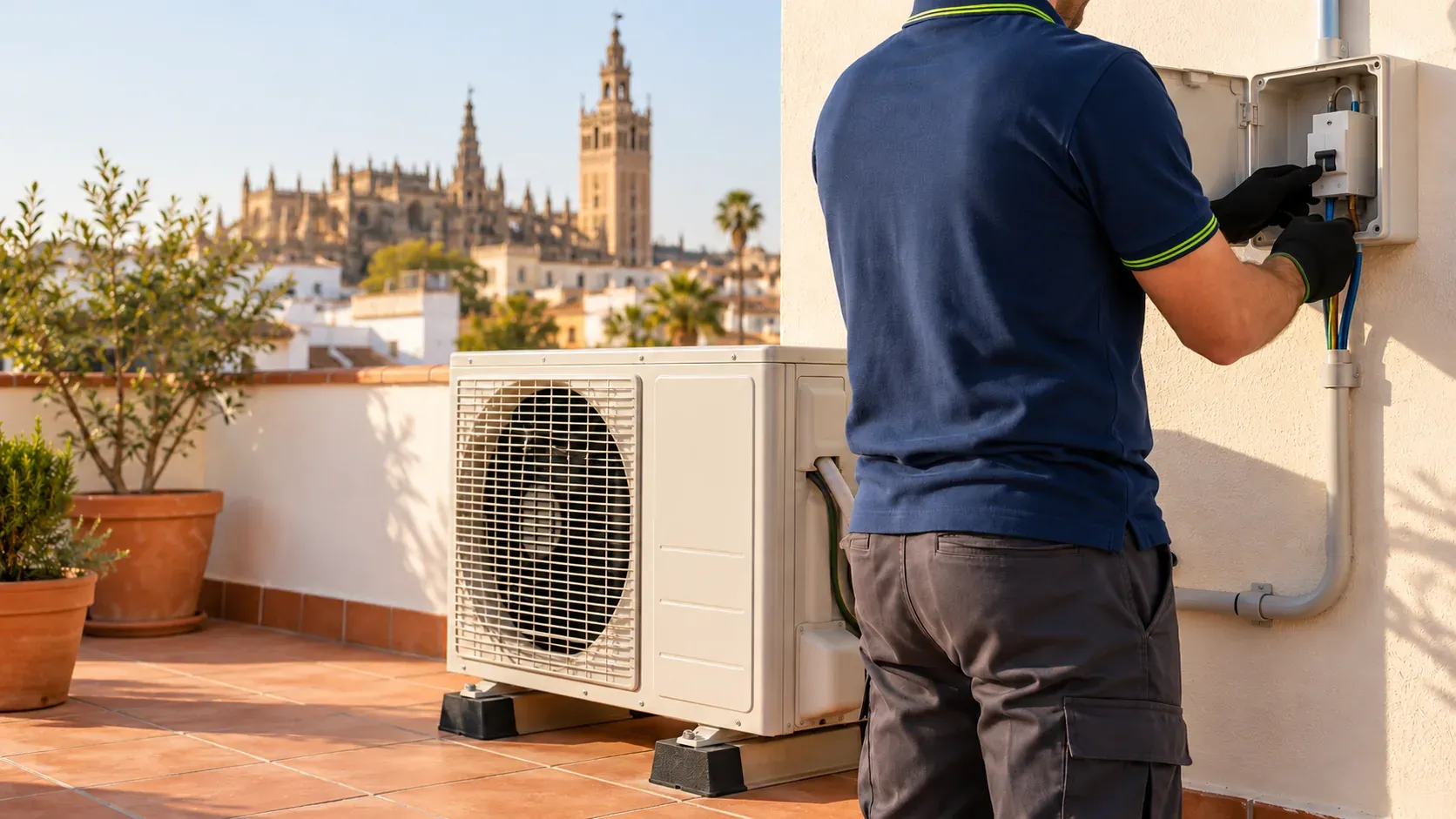 Electricista conectando la línea dedicada de un split de aire acondicionado en un dormitorio
