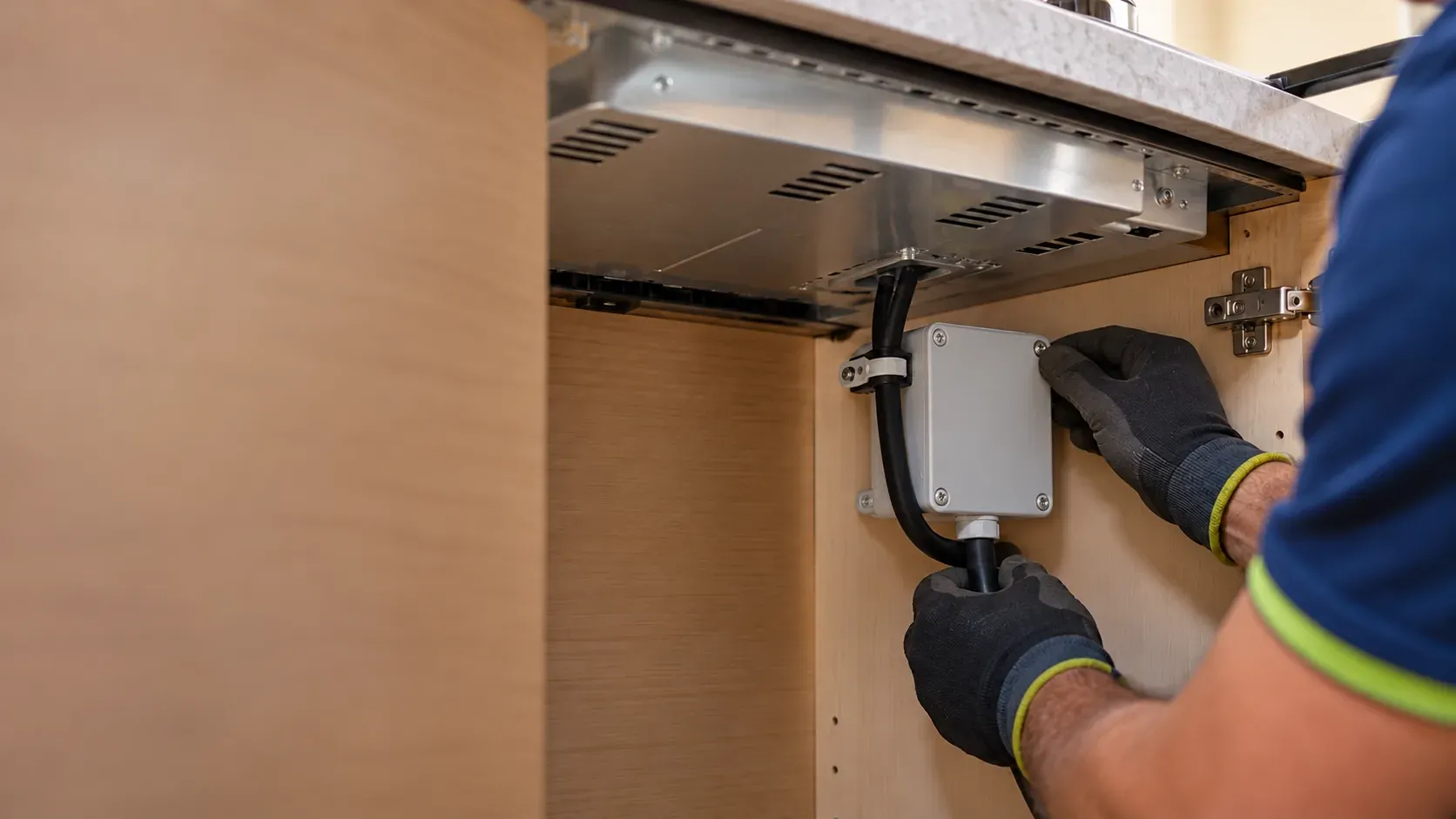 Electricista conectando una placa de inducción a su caja de conexión bajo la encimera de una cocina