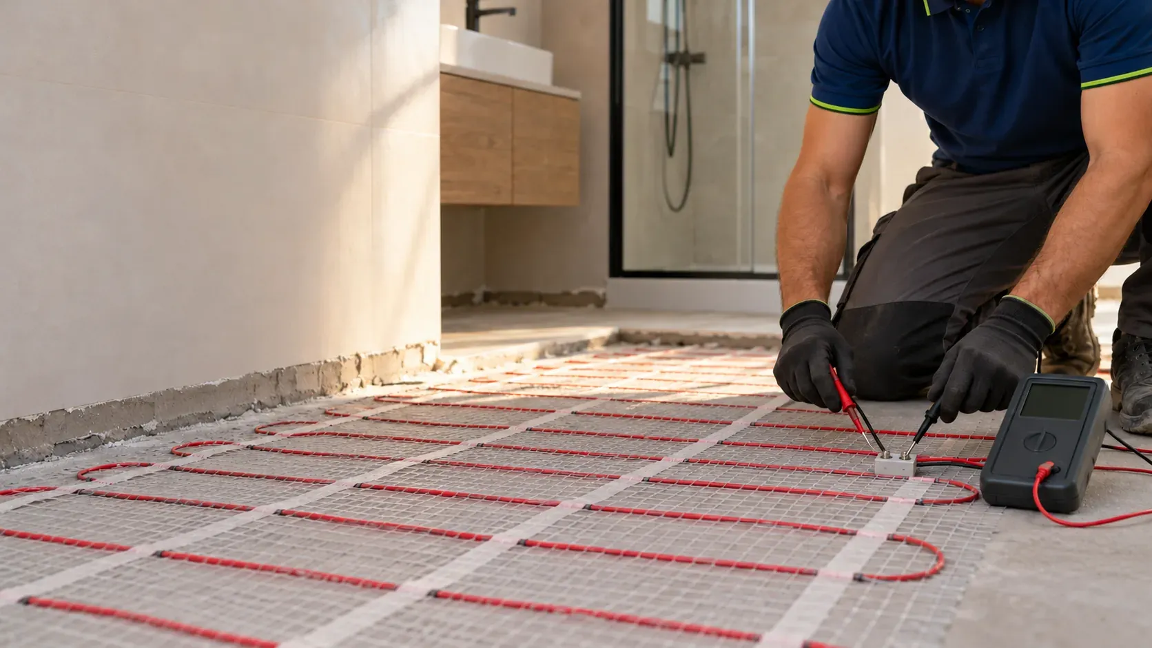 Baño en obra con la malla de suelo radiante eléctrico extendida antes del solado mientras el técnico mide su resistencia