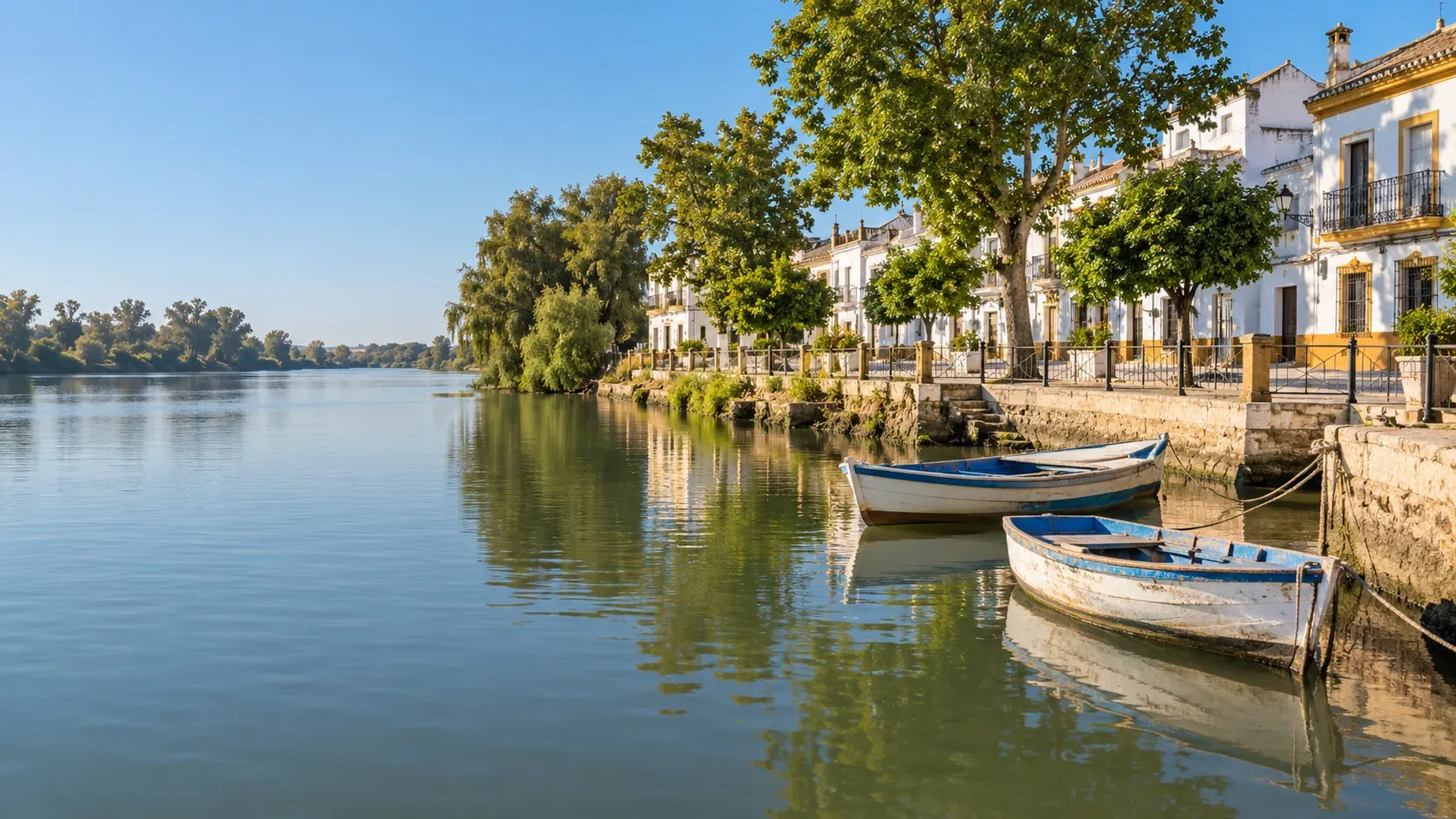 Orilla del Guadalquivir en Coria del Río con casas blancas y barcas