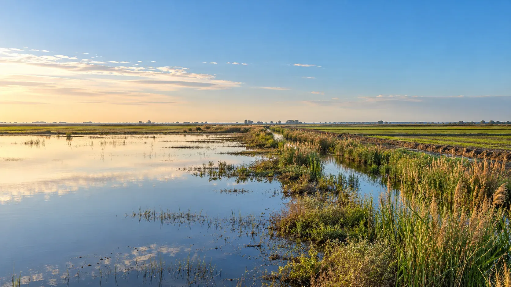 Campos de cultivo llanos del Bajo Guadalquivir con naves agrícolas y un pueblo al fondo
