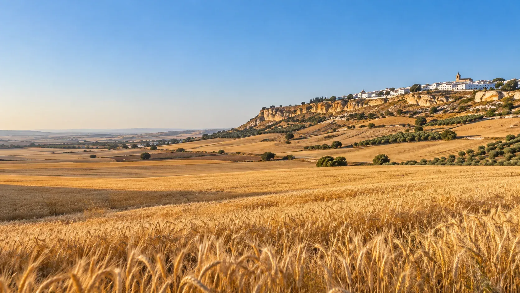 Vista de un pueblo de Los Alcores sobre la cornisa con campos de naranjos en la vega