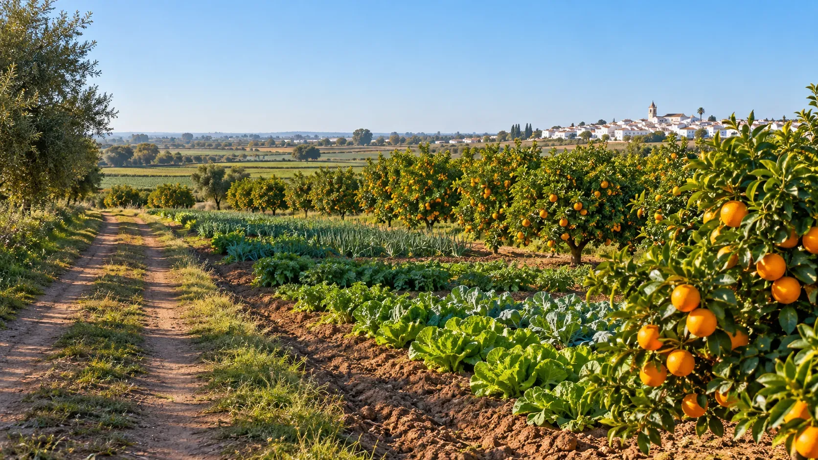 Campos de regadío de la vega del Guadalquivir con un pueblo blanco al fondo