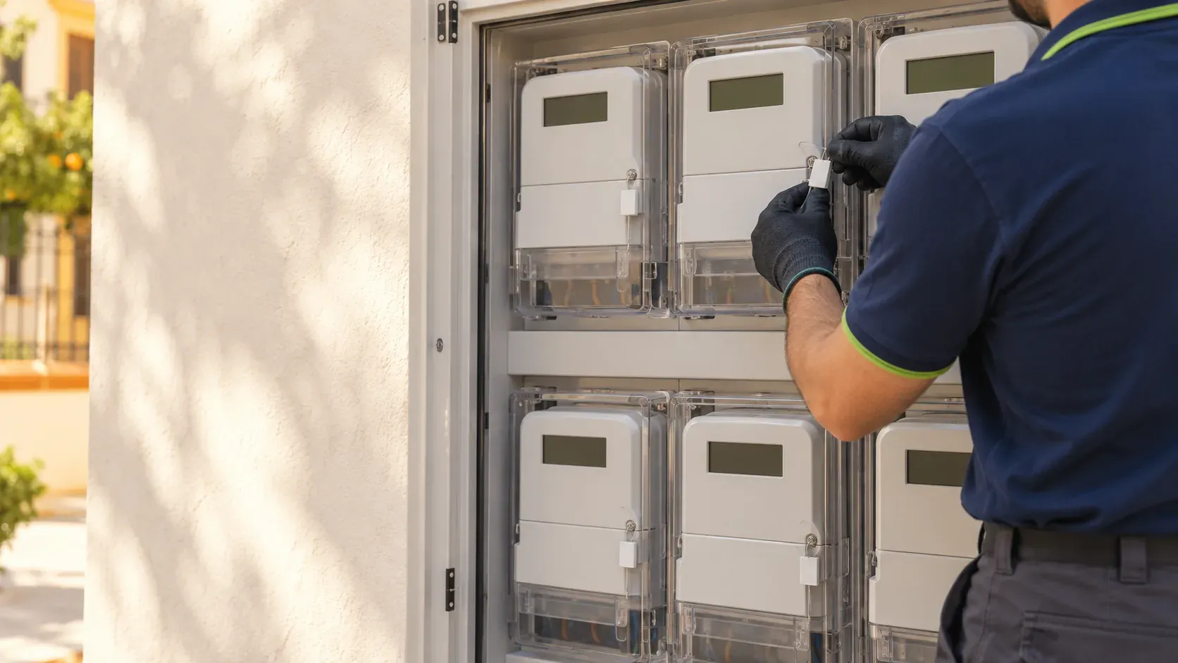 Cuarto de contadores centralizado de una comunidad de vecinos con módulos de medida y derivaciones individuales nuevas