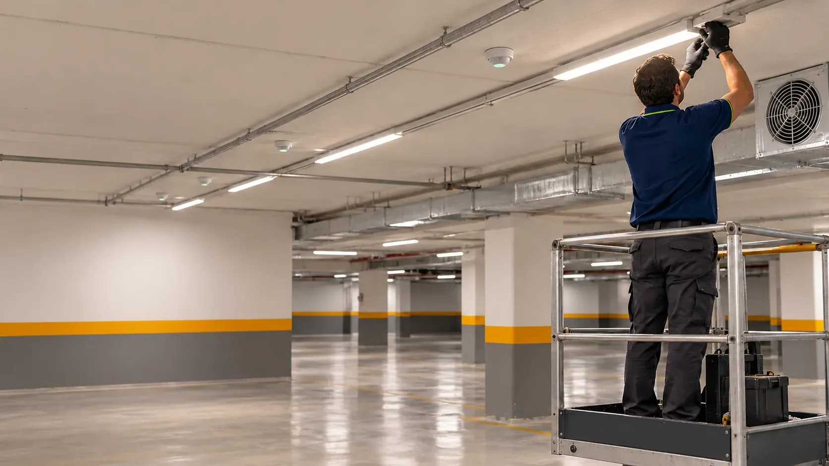Garaje comunitario con luminarias LED estancas, detectores y canalización de recarga por el techo