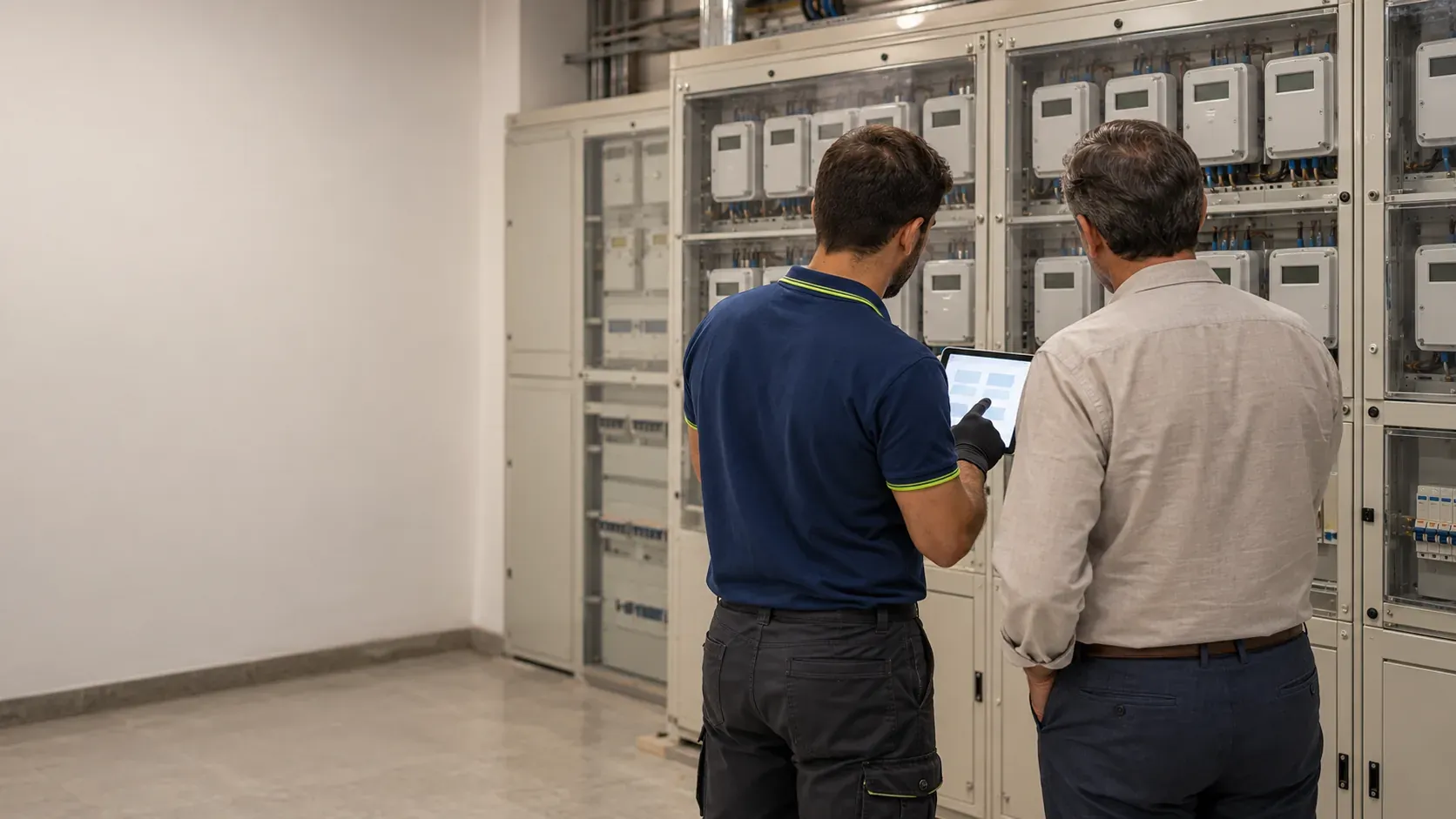 Técnico revisando con un comprobador el cuadro de servicios generales de una comunidad durante una inspección