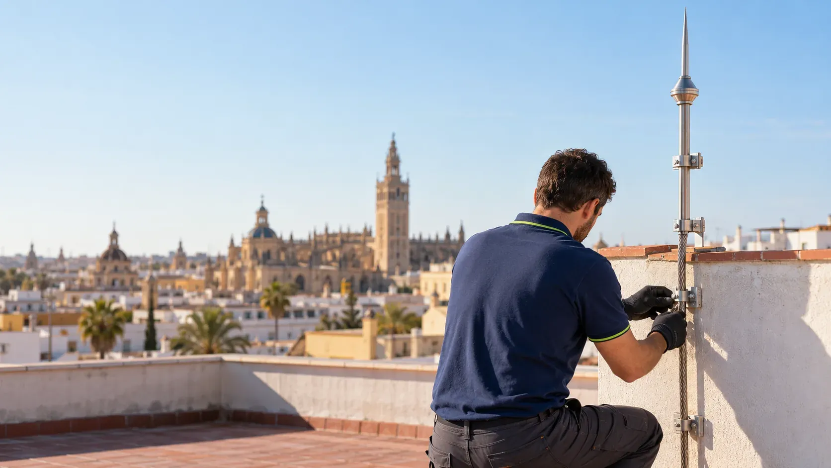Técnico comprobando la bajante de un pararrayos en la azotea de un edificio con el perfil de Sevilla al fondo
