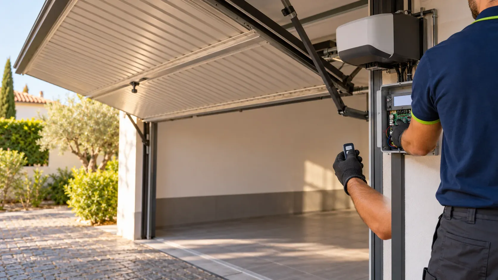 Technician programming a remote with the motor and control board of an up-and-over garage door open