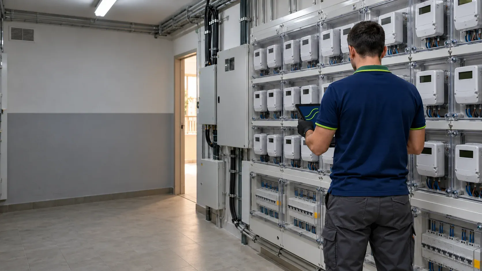 Electrician checking the communal services fuse board in the entrance hall of a block of flats in Seville, Spain