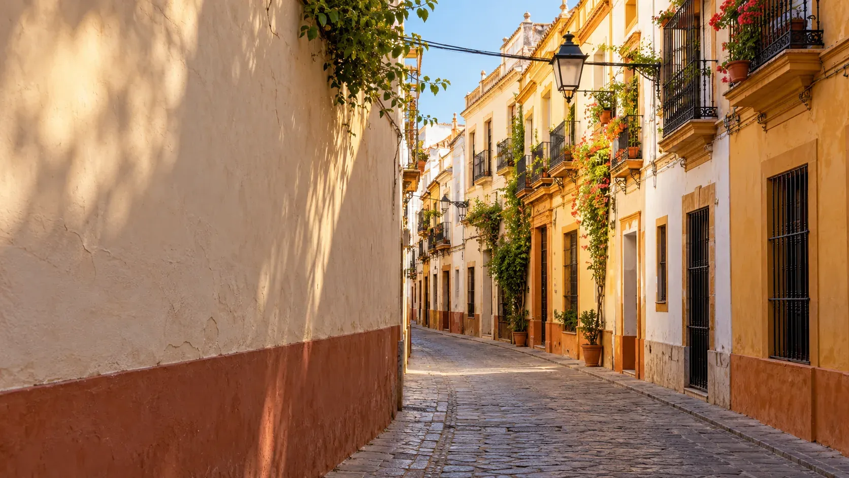 Calle estrecha del Casco Antiguo de Sevilla con balcones de forja y fachadas encaladas