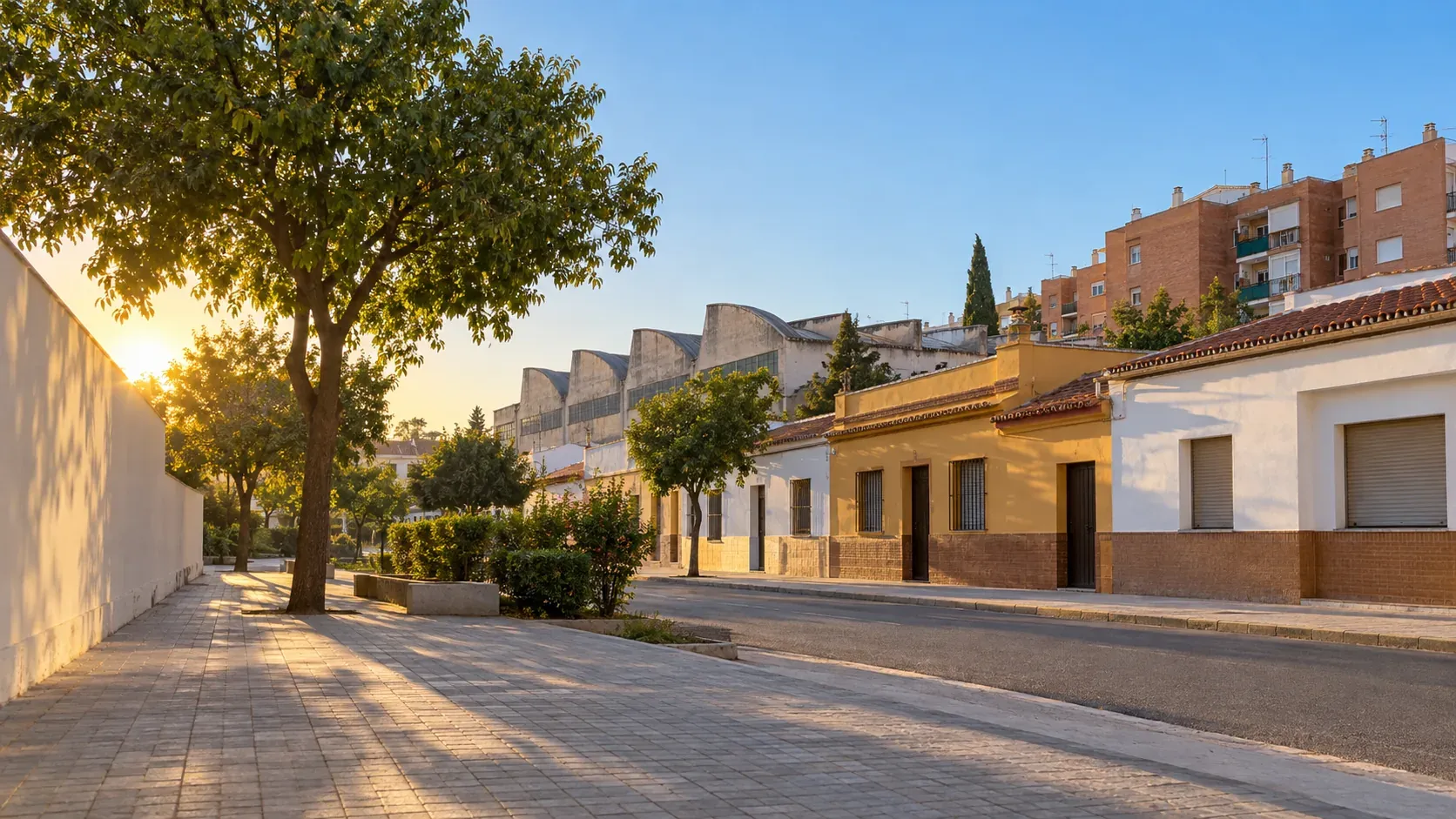 Calle del Cerro del Águila en Sevilla con casas bajas encaladas y bloques al fondo