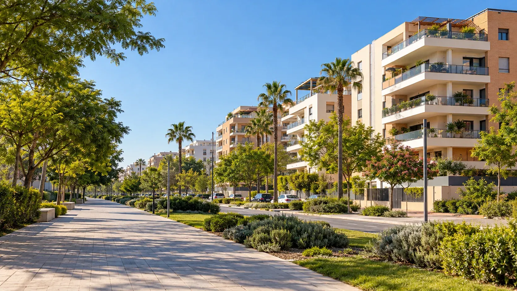 Avenida ancha de Sevilla Este con bloques residenciales modernos y zonas ajardinadas
