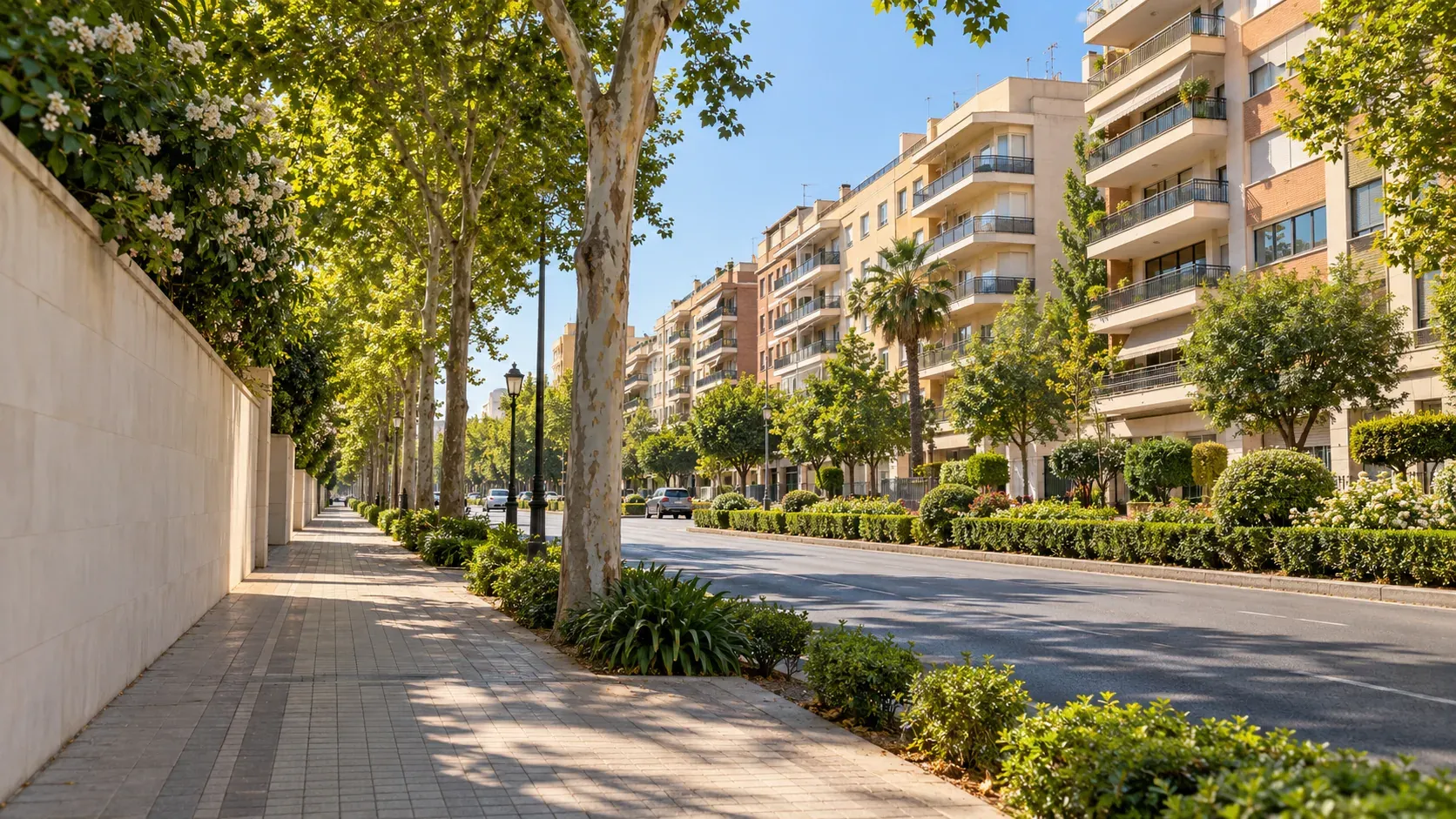 Calle arbolada del distrito Los Remedios de Sevilla con bloques de pisos de los años 60