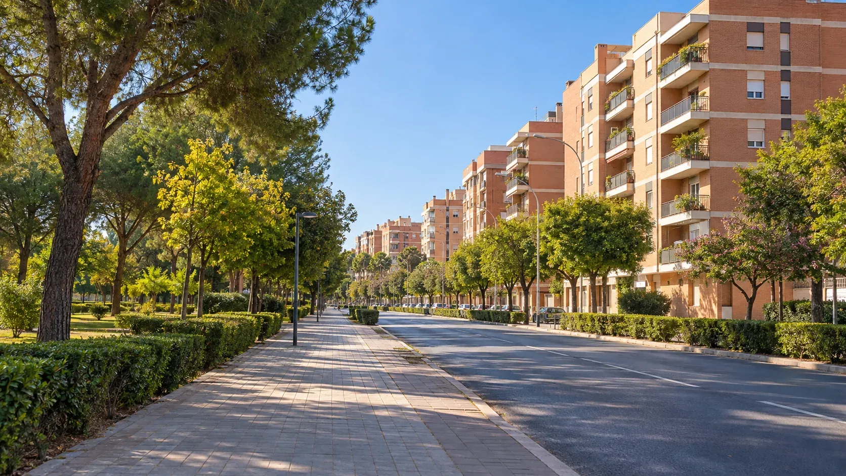 Barriada de bloques y casas bajas en el distrito Norte de Sevilla junto a una avenida arbolada