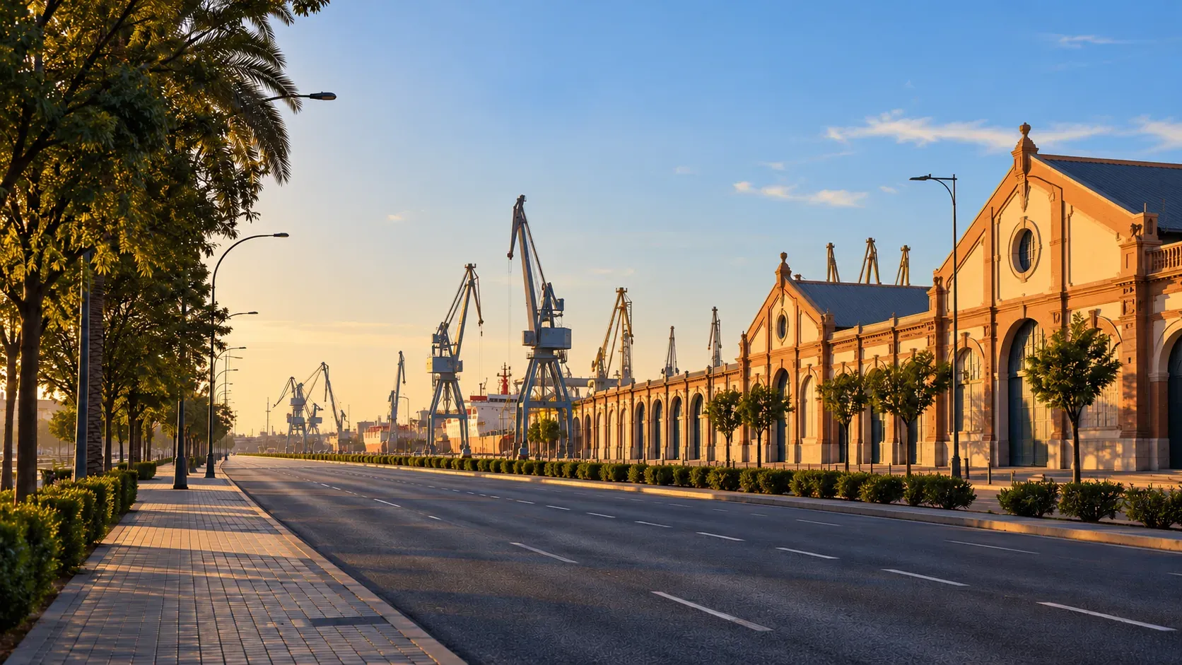 Avenida de las Razas with the port sheds of Seville, Spain, and harbour cranes in the background