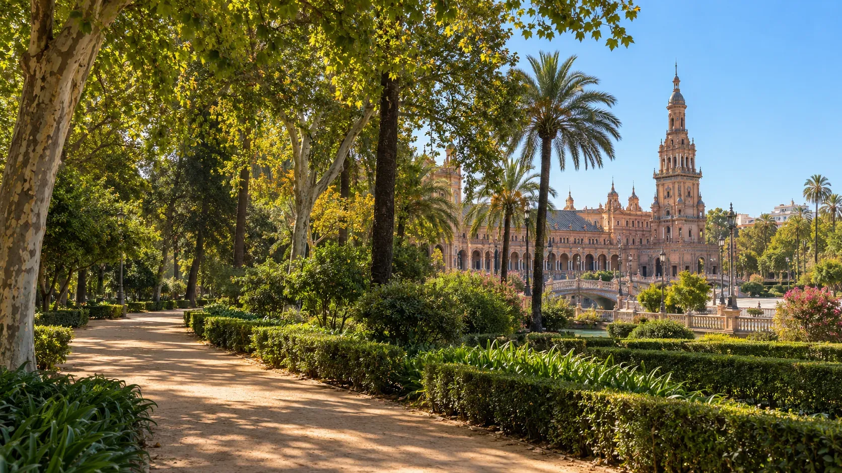 Calle arbolada de El Porvenir en el distrito Sur de Sevilla con casas regionalistas y bloques de pisos