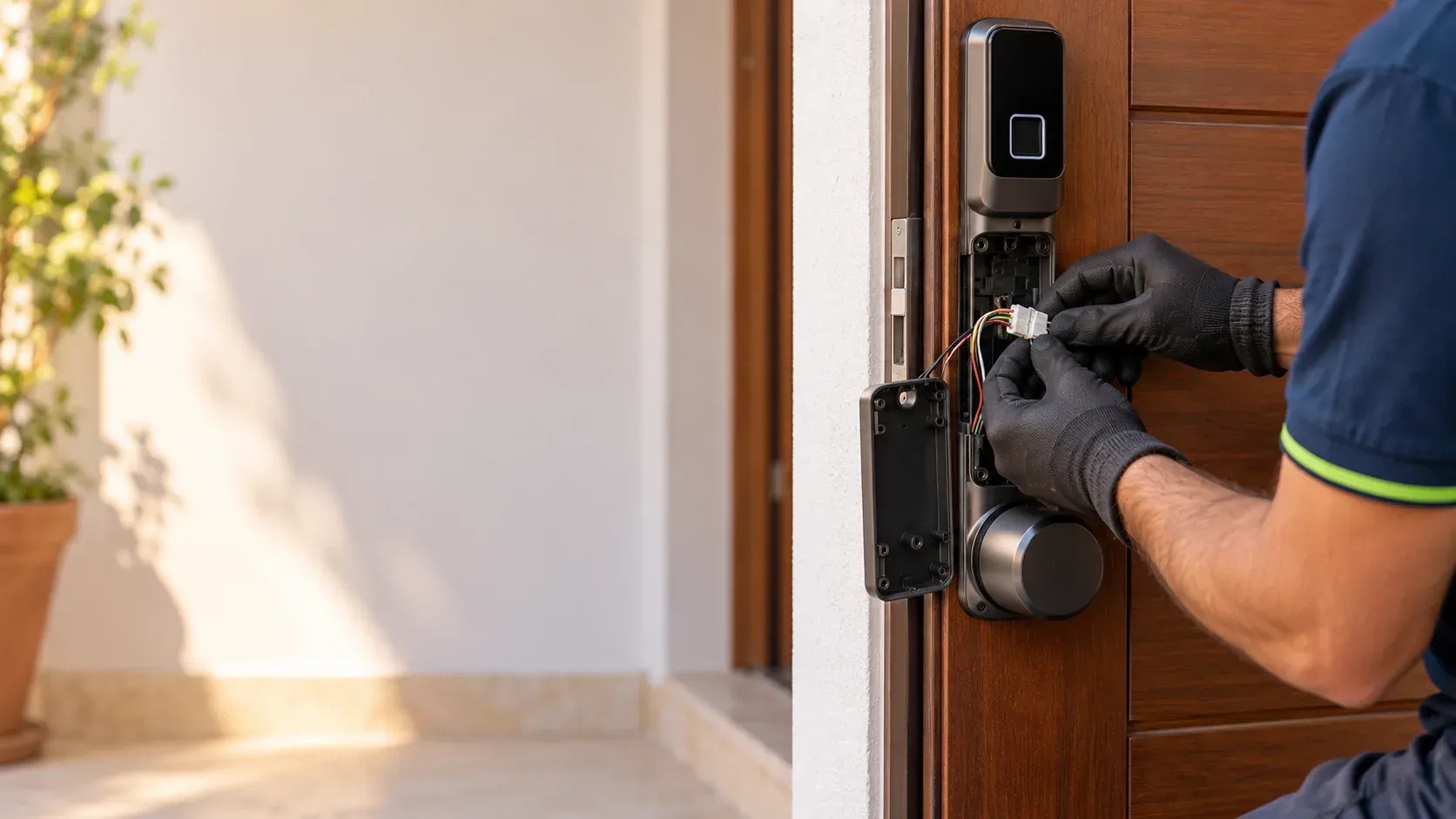 Front door with an electronic lock and fingerprint reader while the technician connects the wiring