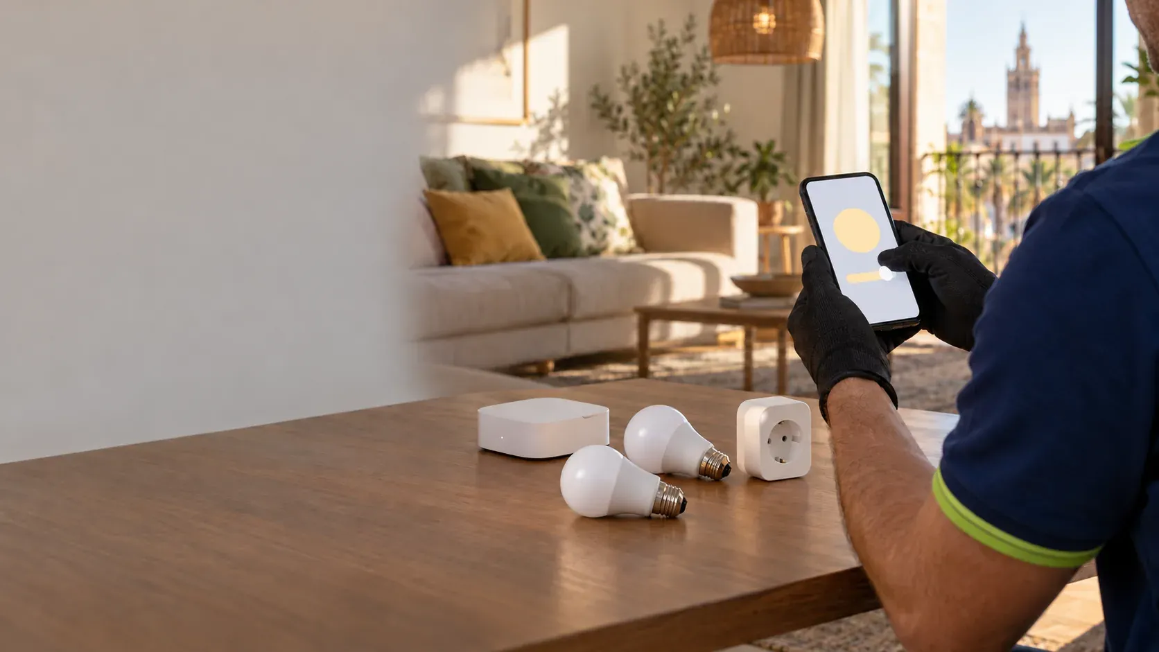 Wireless smart switch on a living room wall next to a phone showing the control app
