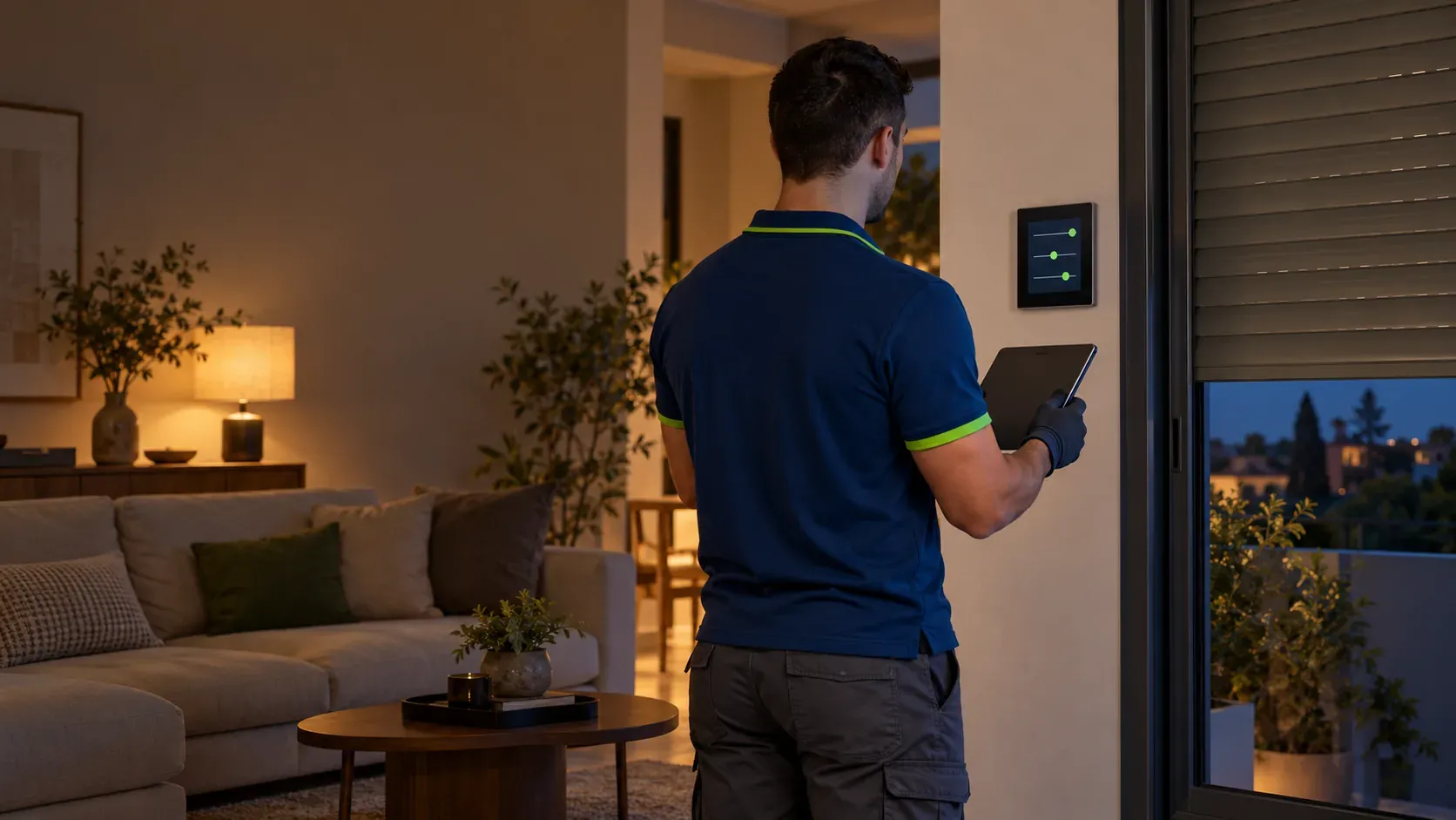 Panel táctil de domótica en la pared de un salón controlando luces y persianas