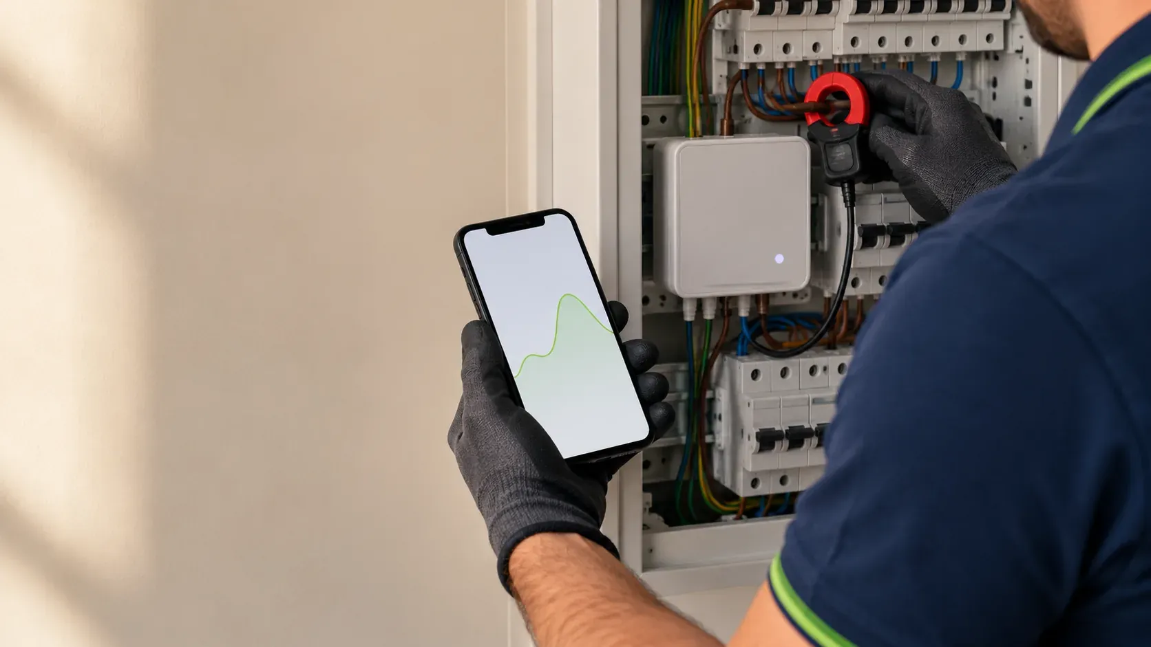 Cuadro eléctrico con un medidor de consumo de pinza y al lado un móvil mostrando una gráfica