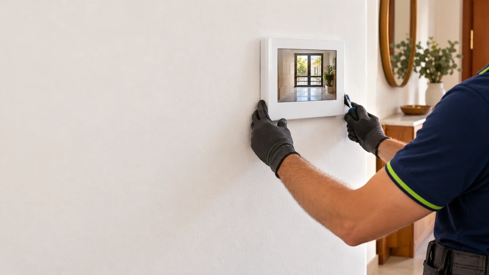 Video intercom outdoor panel with camera at the entrance of an apartment building