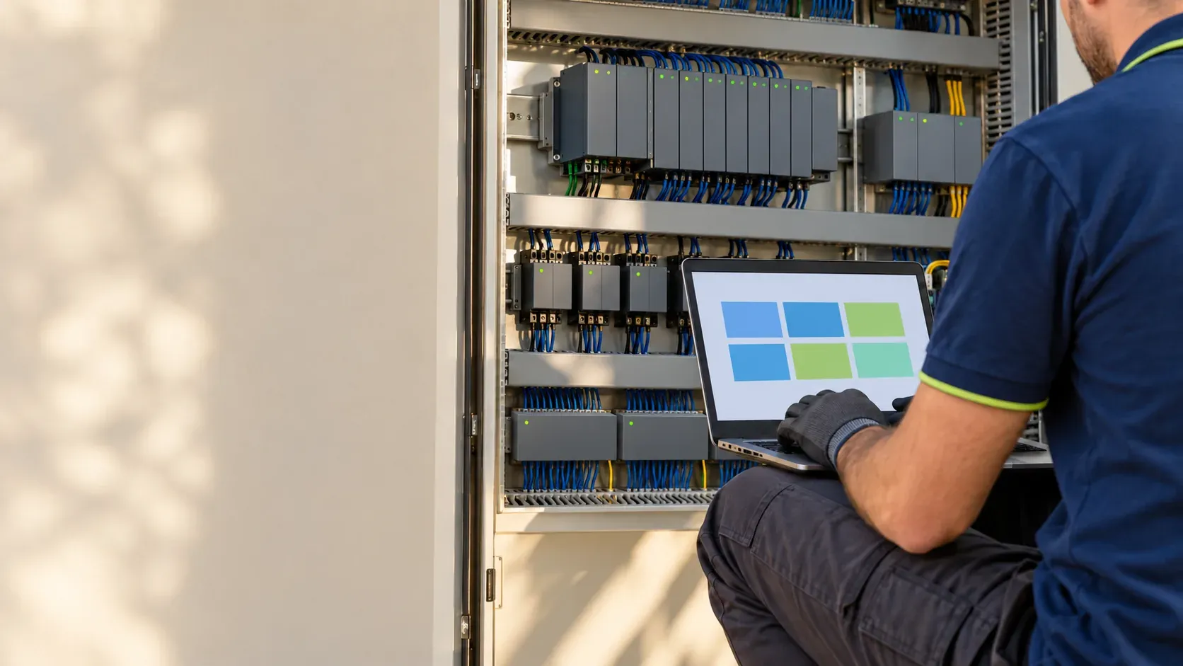 Technician programming a PLC in an automation panel with relays in a warehouse
