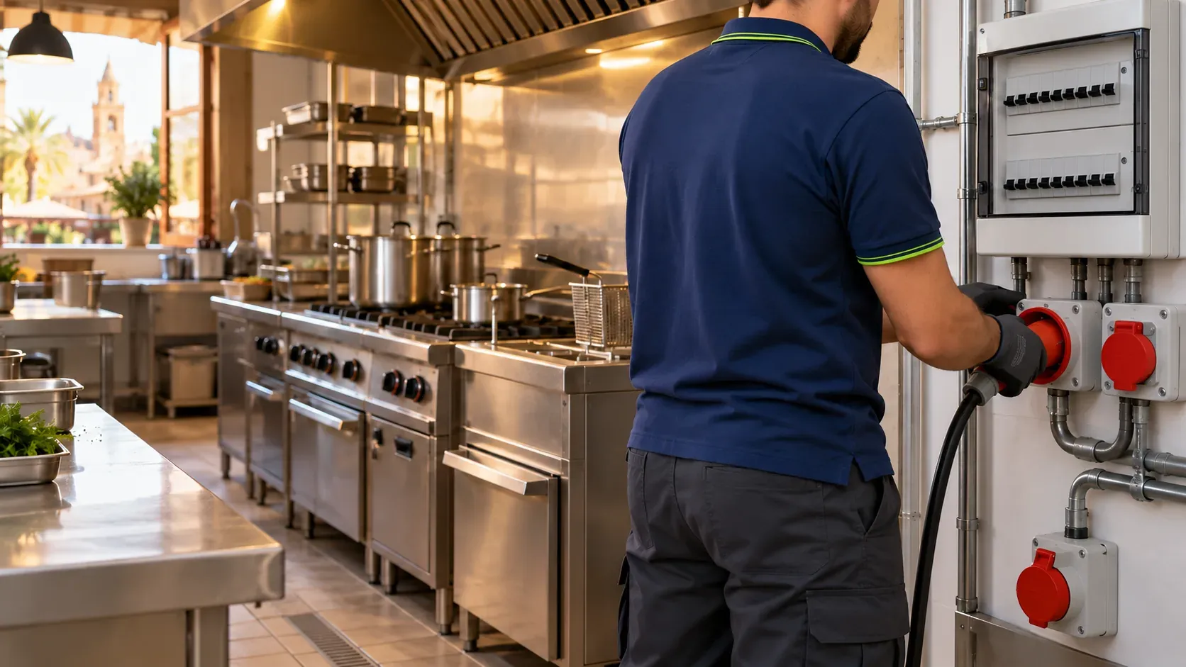 Electricista revisando el cuadro eléctrico nuevo y las tomas de fuerza de la cocina industrial de un restaurante de Sevilla