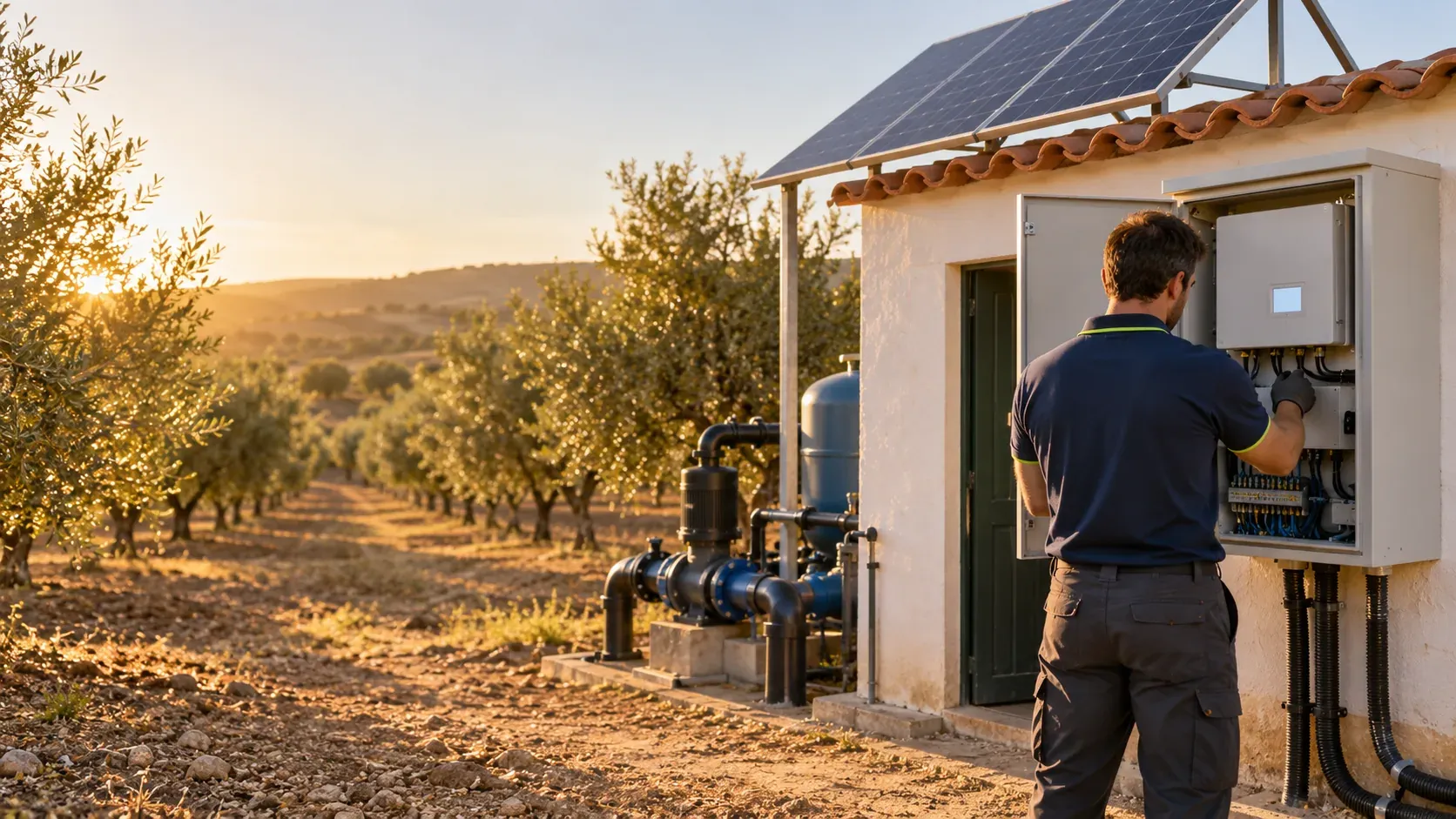Técnico junto al cuadro de riego de una caseta de bombeo con paneles solares en una finca de olivos de Sevilla