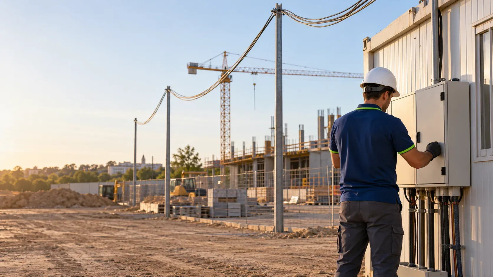 Technician next to a site cabin with its temporary electrical board and overhead lines, with a crane in the background