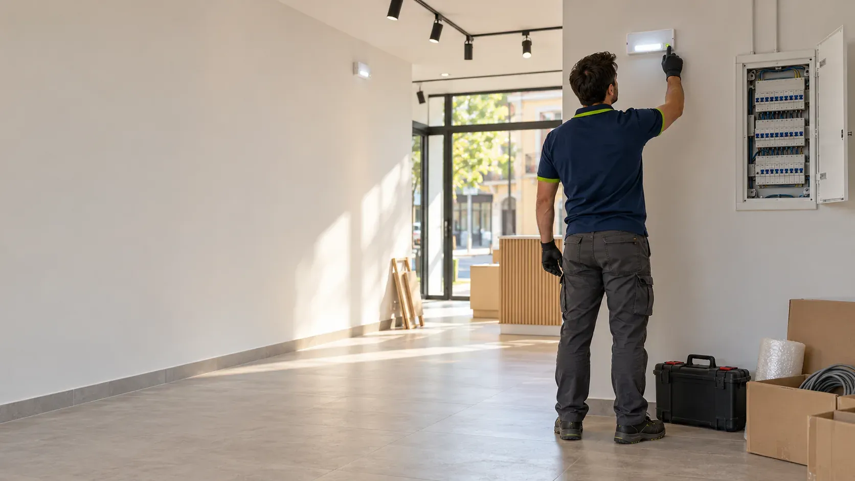 Electrician assembling the fuse board of a shop under construction