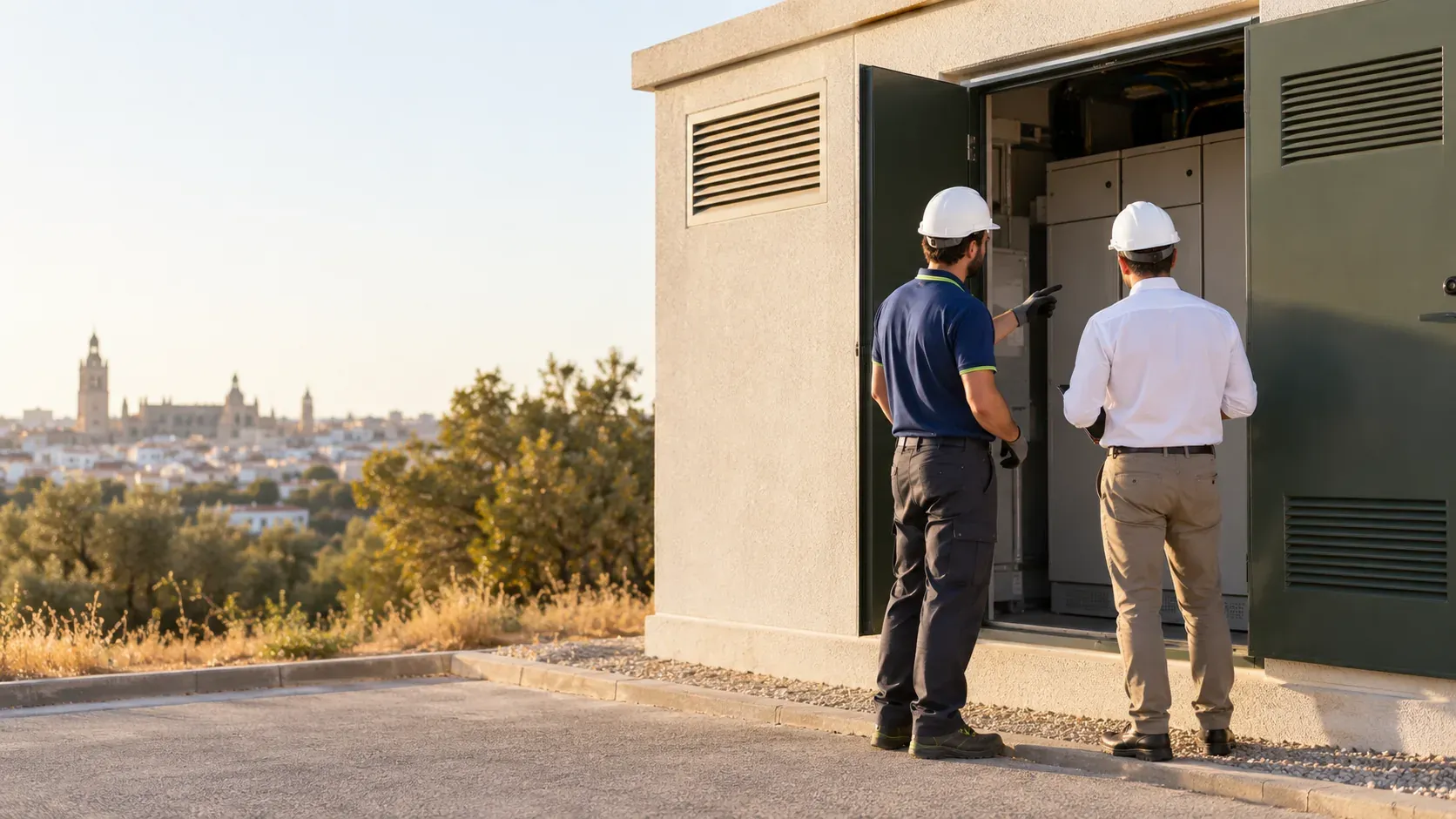 Exterior de un centro de transformación prefabricado con la puerta abierta y un técnico con casco junto al ingeniero