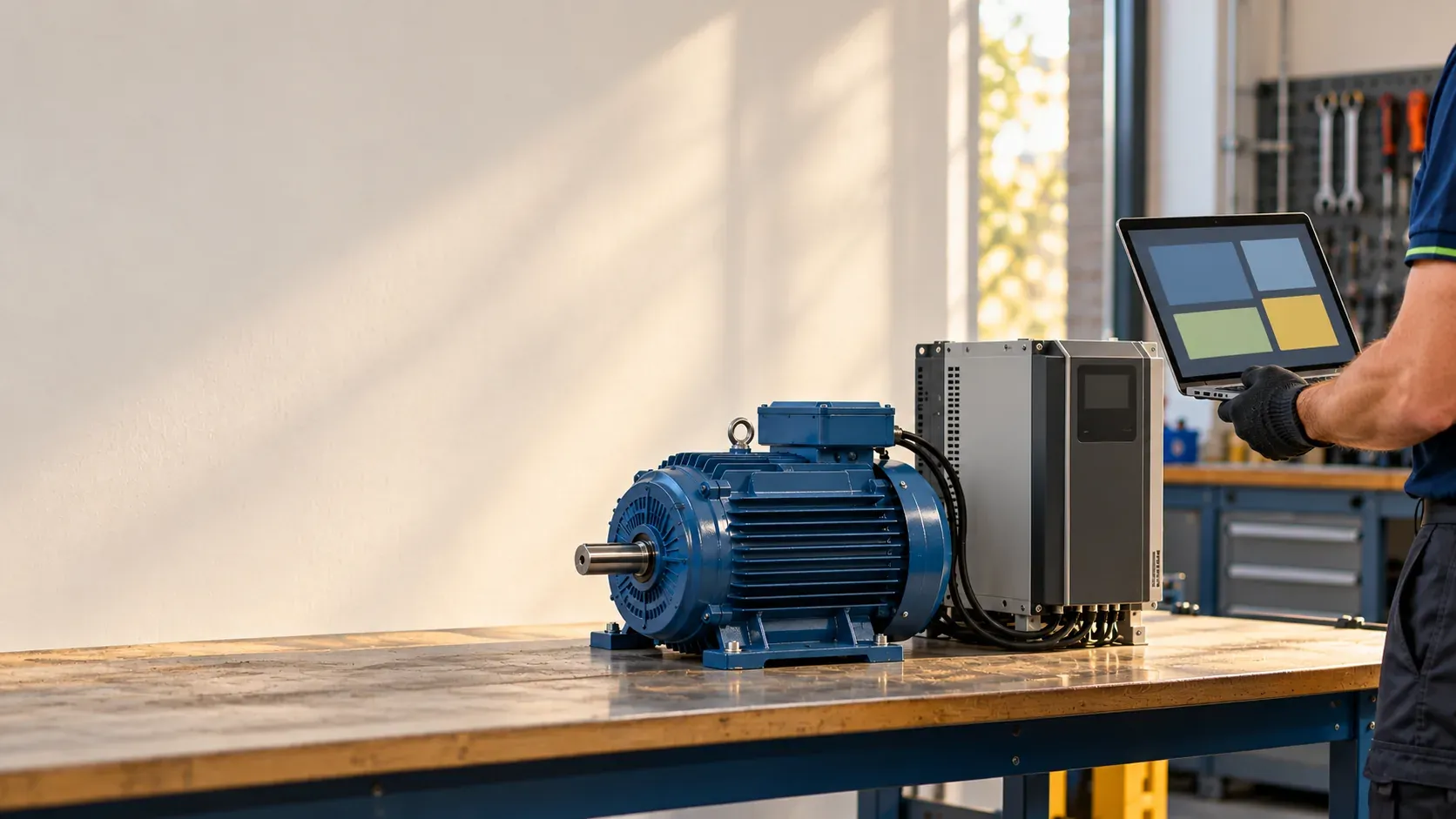 Technician with a laptop programming a variable speed drive next to an electric motor on its base